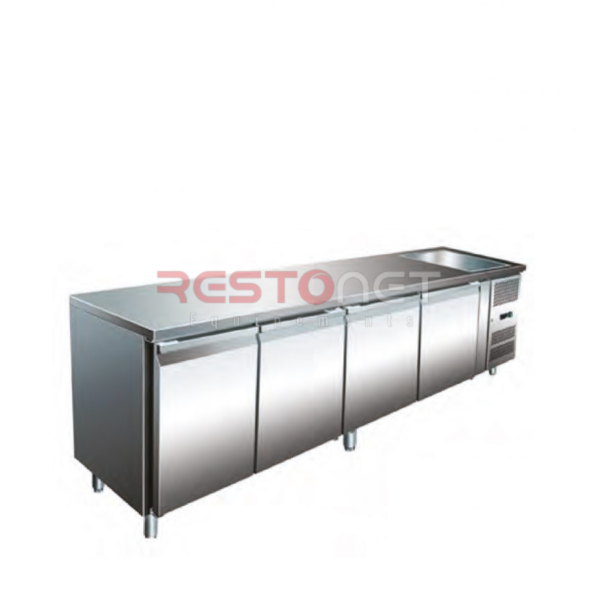 MEUBLE ARRIERE BAR INOX EVIER A DROITE +PORTES +ETAGERE 1500*600*1100